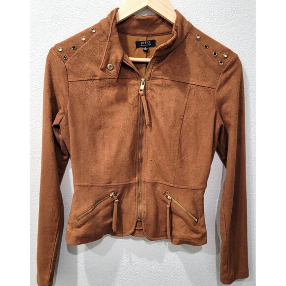 Privy Womens Brown Suede-Like Jacket with Gold Zippers & Shoulder Accents Size S - Picture 1 of 11